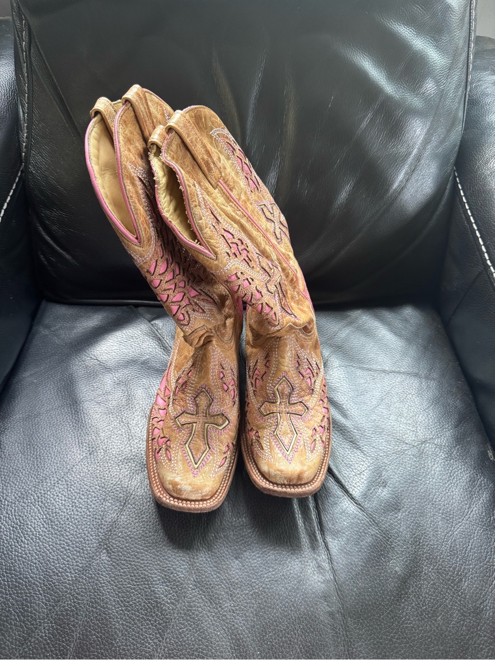 Brown Leather Western Ankle Boots with Pink Embroidery